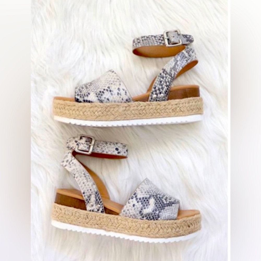 Snakeprint cushonaire platform wrap around sandals